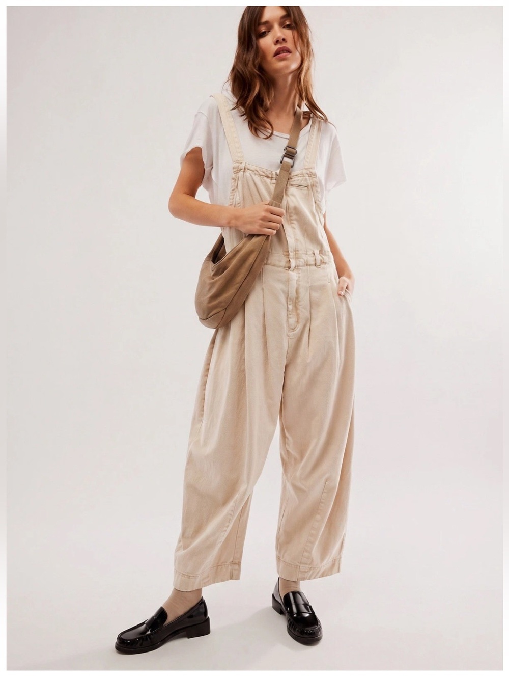 NEW Free People Leonie Barrel Leg Overalls 100% Cotton Twill Cream Oversized M
